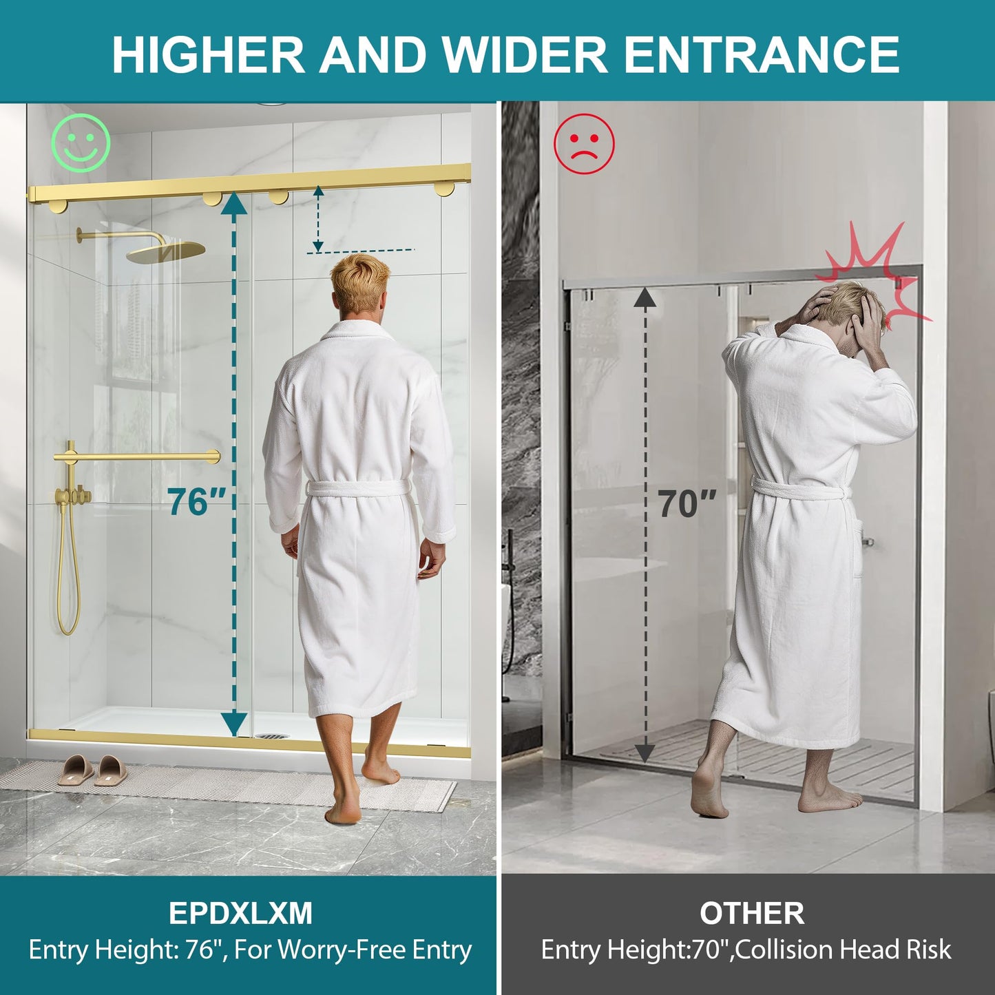 Frameless Shower Door with Soft-Close & Anti-Leak,5/16" (8mm) Double Sliding Shower Door,Nano Coating Anti-Explosion Film SGCC Tempered Glass 43"- 48" W x 76" H,Brushed Gold