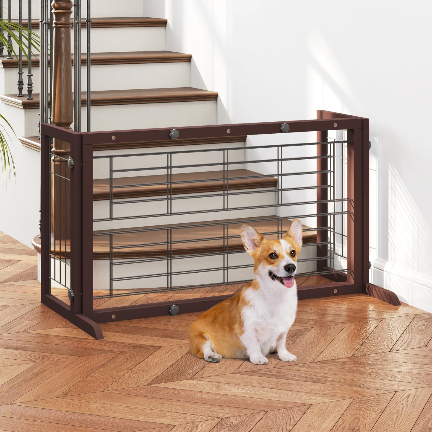 COZIWOW 38-67" Dog Gate Indoor, Free Standing Pet Gate for Doorways Extra Wide, Wooden Fence Puppy Safety Gates for The House, Stairs, Hallway, No Drilling Required,Brown