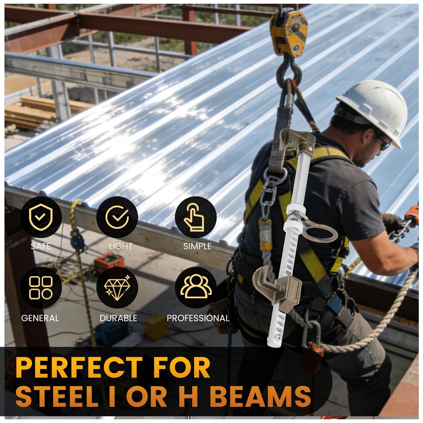 Aluminum Horizontal Sliding Beam Anchor, Fits 3.5 to 14 Inch Beams up to 1.25 Inches Thick, Adjustable to Fit I or H Fall Protection Beam Anchor,Meets or Exceeds ANSI & OSHA, Tool Free Installation