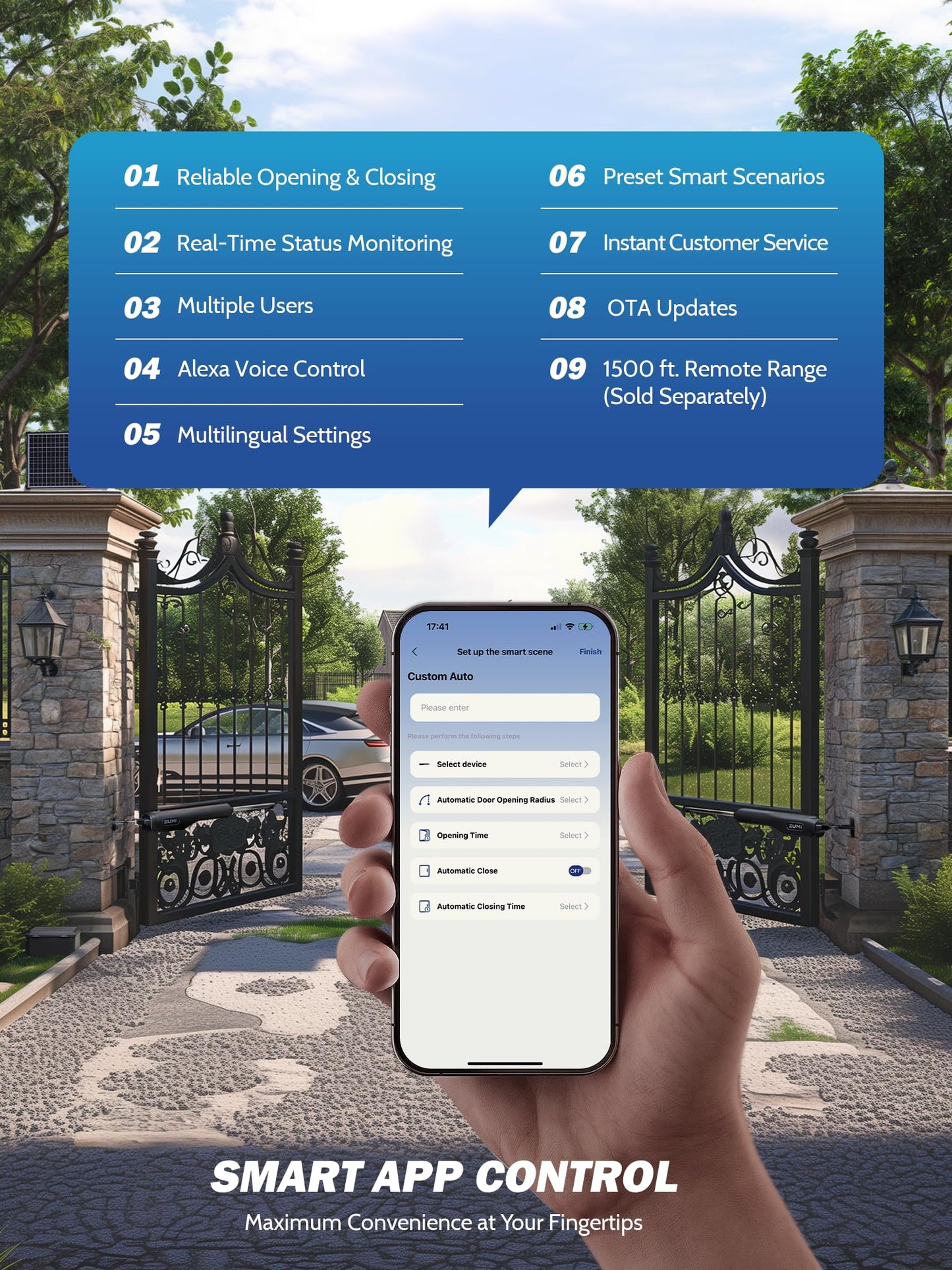 ZUMI Smart Solar Gate Openerfor Gates up to 1100lb 20ft, App Control Swing Gate Opener Electric Gate Opener Automatic Gate Opener with Remote Control for Home Driveway Garden