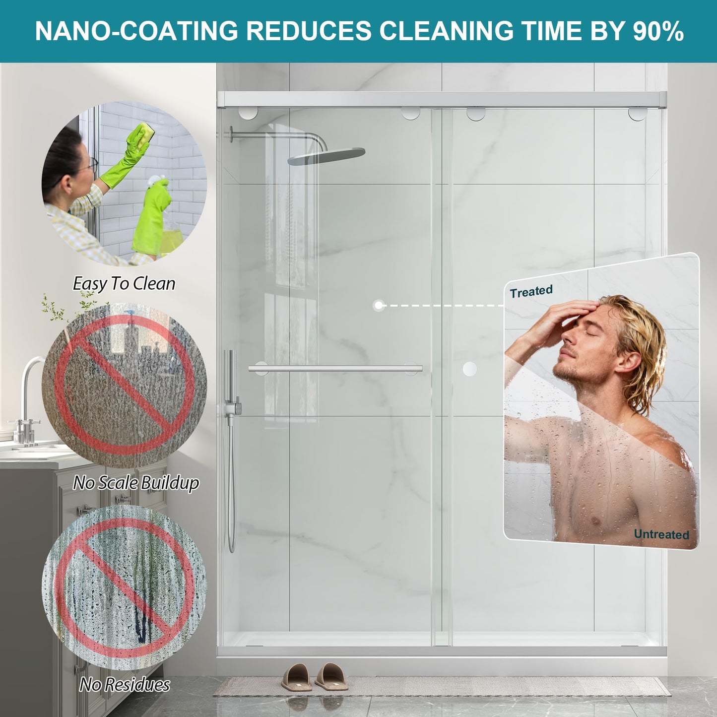 Frameless Shower Door with Soft-Close & Anti-Leak,5/16" (8mm) Double Sliding Shower Door,Nano Coating Anti-Explosion Film SGCC Tempered Glass 43"- 48" W x 76" H,Brushed Nickel