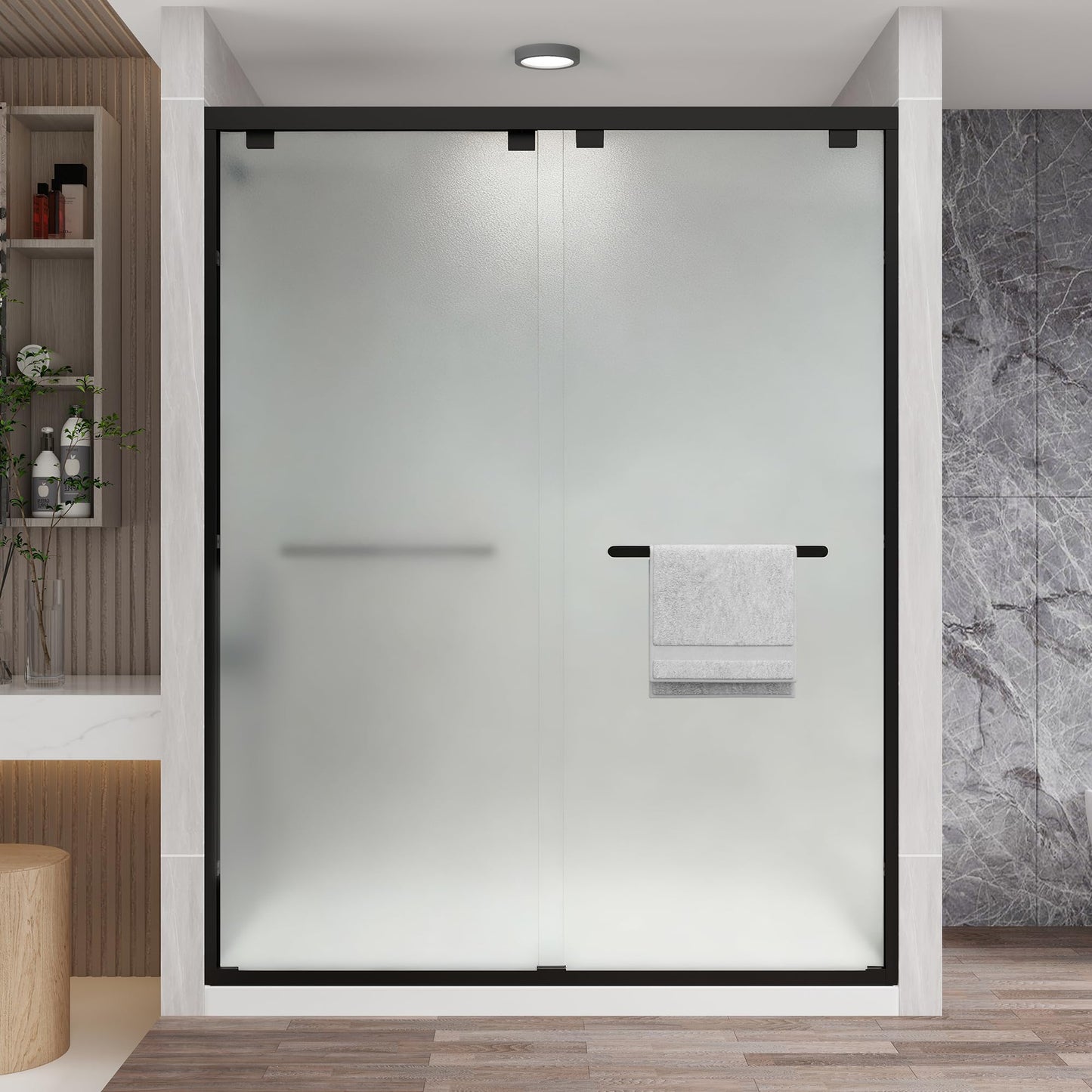KPUY Frosted Glass Shower Door, 43-48" W x 76" H Semi-Frameless Double Sliding Shower Door, 1/4" (6mm) Tempered Glass with Explosion-Proof Film & Nano Coating, Matte Black