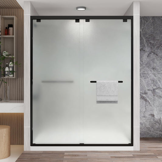 KPUY Frosted Glass Shower Door, 43-48" W x 76" H Semi-Frameless Double Sliding Shower Door, 1/4" (6mm) Tempered Glass with Explosion-Proof Film & Nano Coating, Matte Black