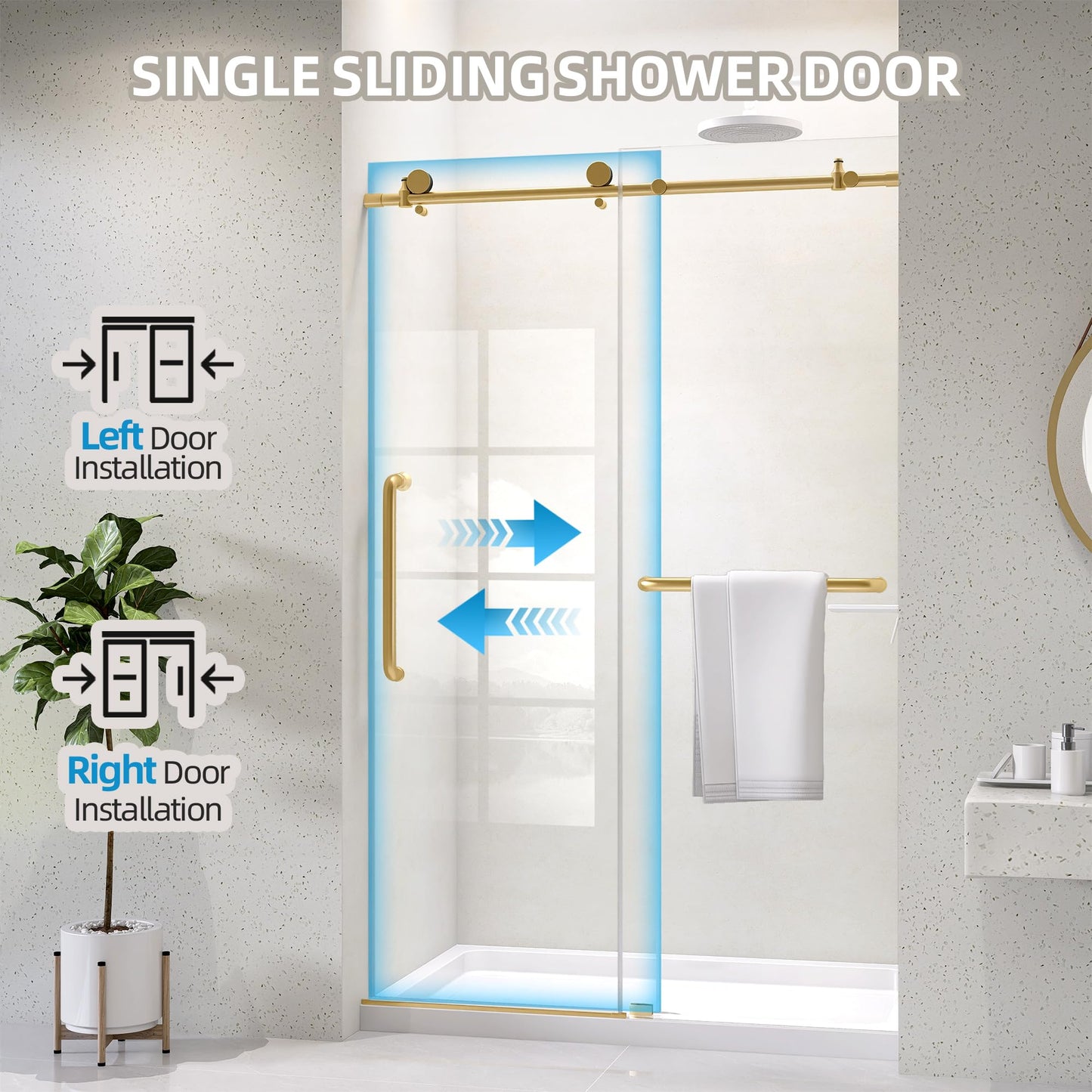 OGONBRICK Frameless Glass Shower Door 44-48’’ W x 75’’ H, Single Sliding Shower Door, ANSI Tempered Clear Glass with Nano Coating, Brushed Gold, Stainless Steel Hardware, Low Threshold, Quiet Rollers