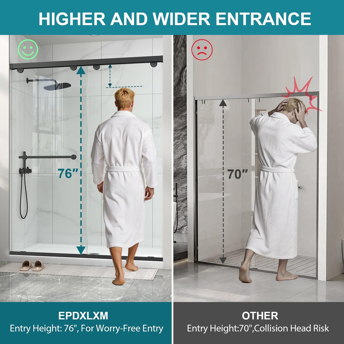 Frameless Shower Door with Soft-Close & Anti-Leak,5/16" (8mm) Double Sliding Shower Door,Nano Coating Anti-Explosion Film SGCC Tempered Glass 43"- 48" W x 76" H,Matte Black