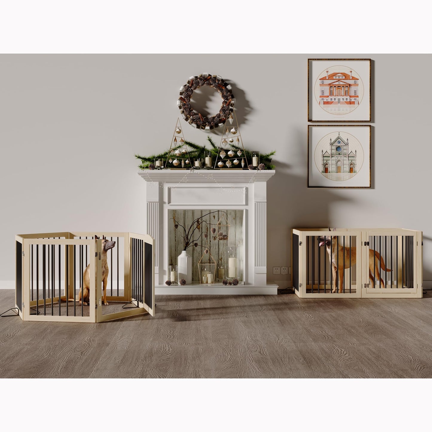 Vantas Folding Pet Gate 144" Wide, 30" Tall No-Assembly Wooden Dog Gate with Door Walk Through, Freestanding Puppy Safety Fence, 2PCS Support - Natural White