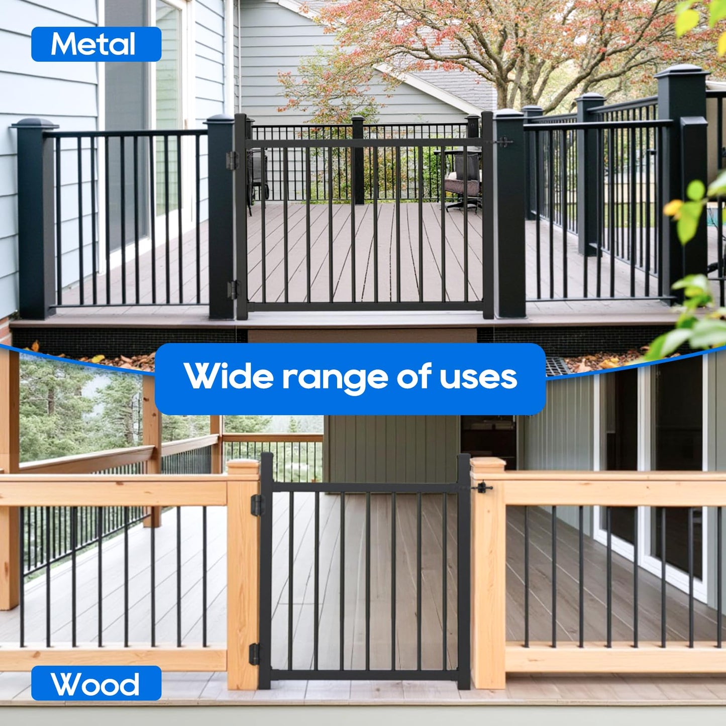 Coliwel 36"x45" Aluminum Gate with Self-Closing Hinges,Round Tube 3/4" pickets,DIY Adjustable Width Black Powder Coated Deck gate Kits Incl. Hinges Latch for Deck Railing Patios Gardens Indoor Outdoor