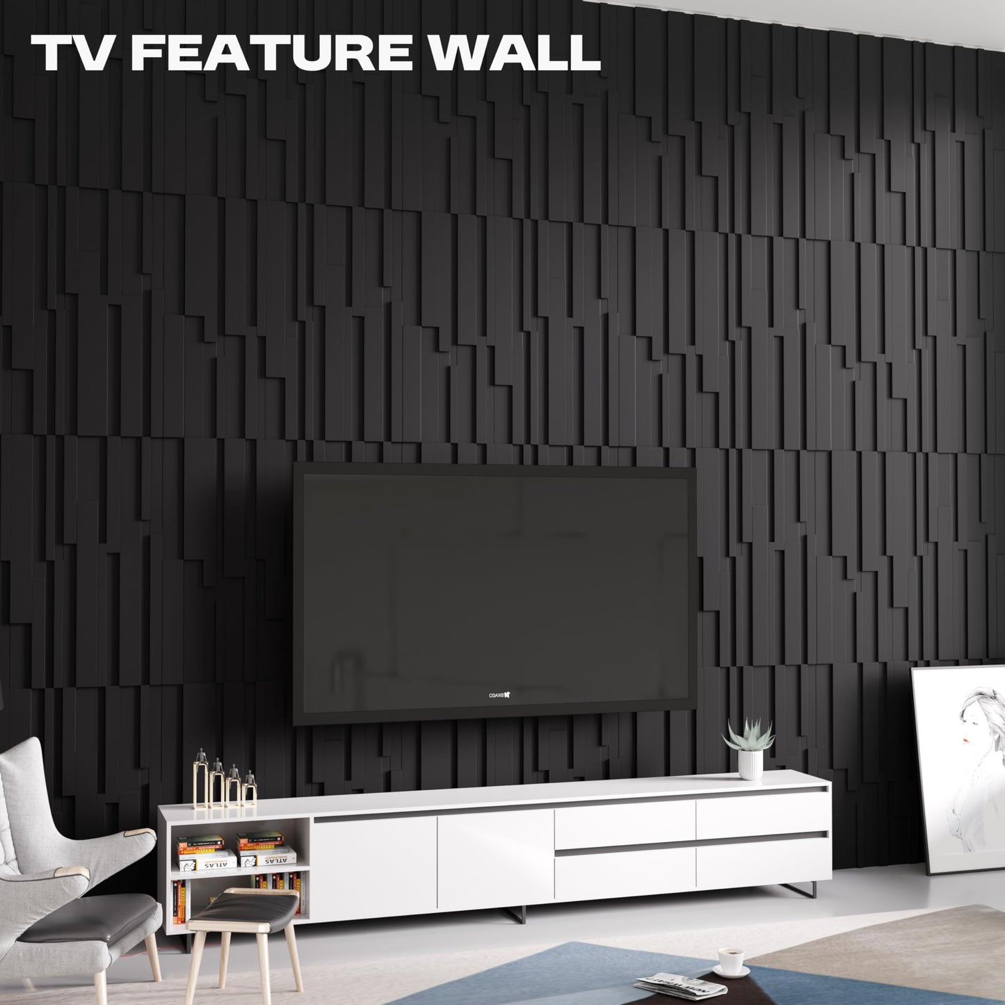 janasse Large PU Decorative Wall Panels, 4-Pack Covers 31 Sq.Ft – 47.2" × 23.6" 3D Architectural Accent Wall Panels for Living Room, TV Wall, Office & Commercial Spaces (Black)