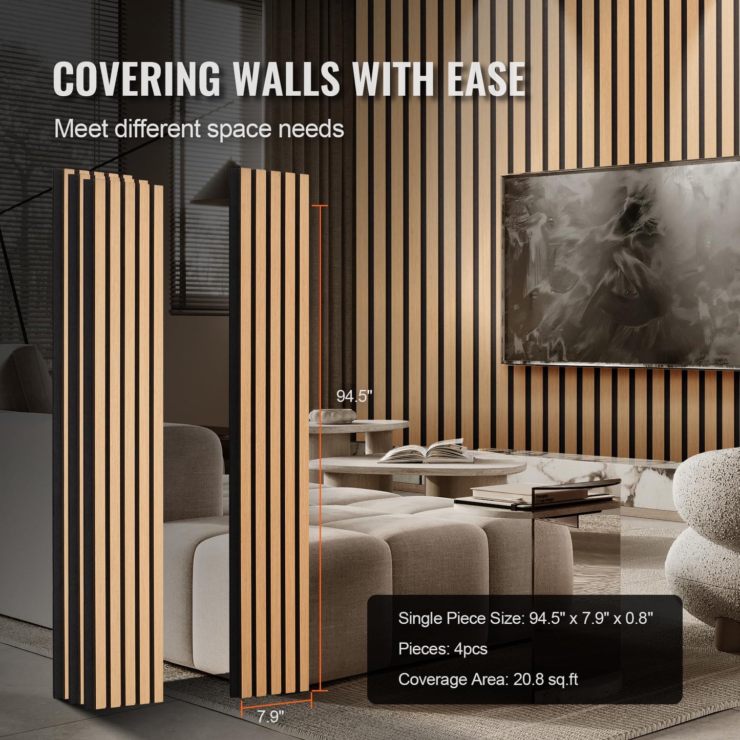 VEVOR Wood Slat Acoustic Panels, 7.9 x 94.5 inch, MDF Accent Wooden Wall Panels for Modern Interior Wall Decor, Faux Wood Wall Board Panels for Noise Reduction, Light Oak