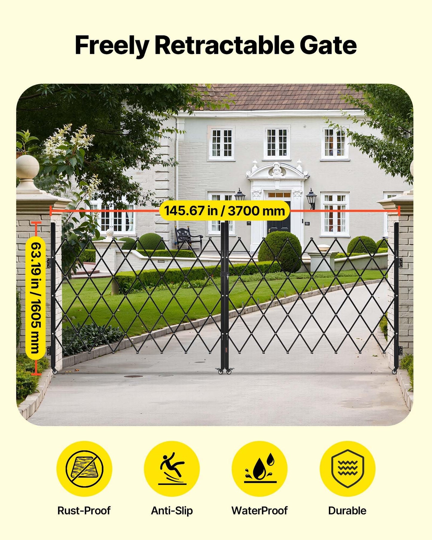 VEVOR Double Folding Security Gate, Lockable Scissor Gate with 360° Swivel Casters, Outdoor Barricade Steel Retractable Gates, for Entry Security, Garage, Warehouse & Pool, 145.67 x 63.19 in (W x H)