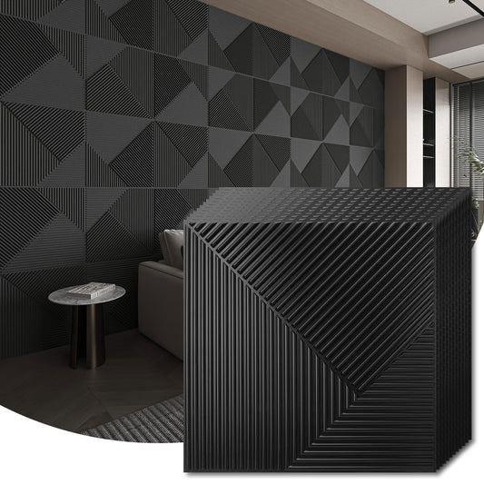 WOWSTAR 12-Pack 3D Wall Panels 19.7" x 19.7", Black Slat Wall Panels for Living Room Wall Decor, Modern Black Wall Covering for Home & Office