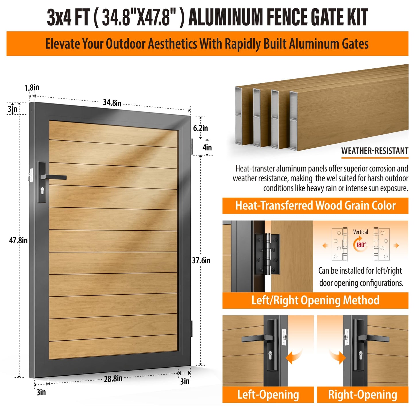 WOCEPU 4x5 FT (46.6"x58.4") Aluminum Fence Gate Kit, Heavy-Duty Wood Grain Aluminum Gate with Decorative Cutout, Lock & Hinges, Left/Right Opening, Weather-Resistant for Yard, Garden, Backyard