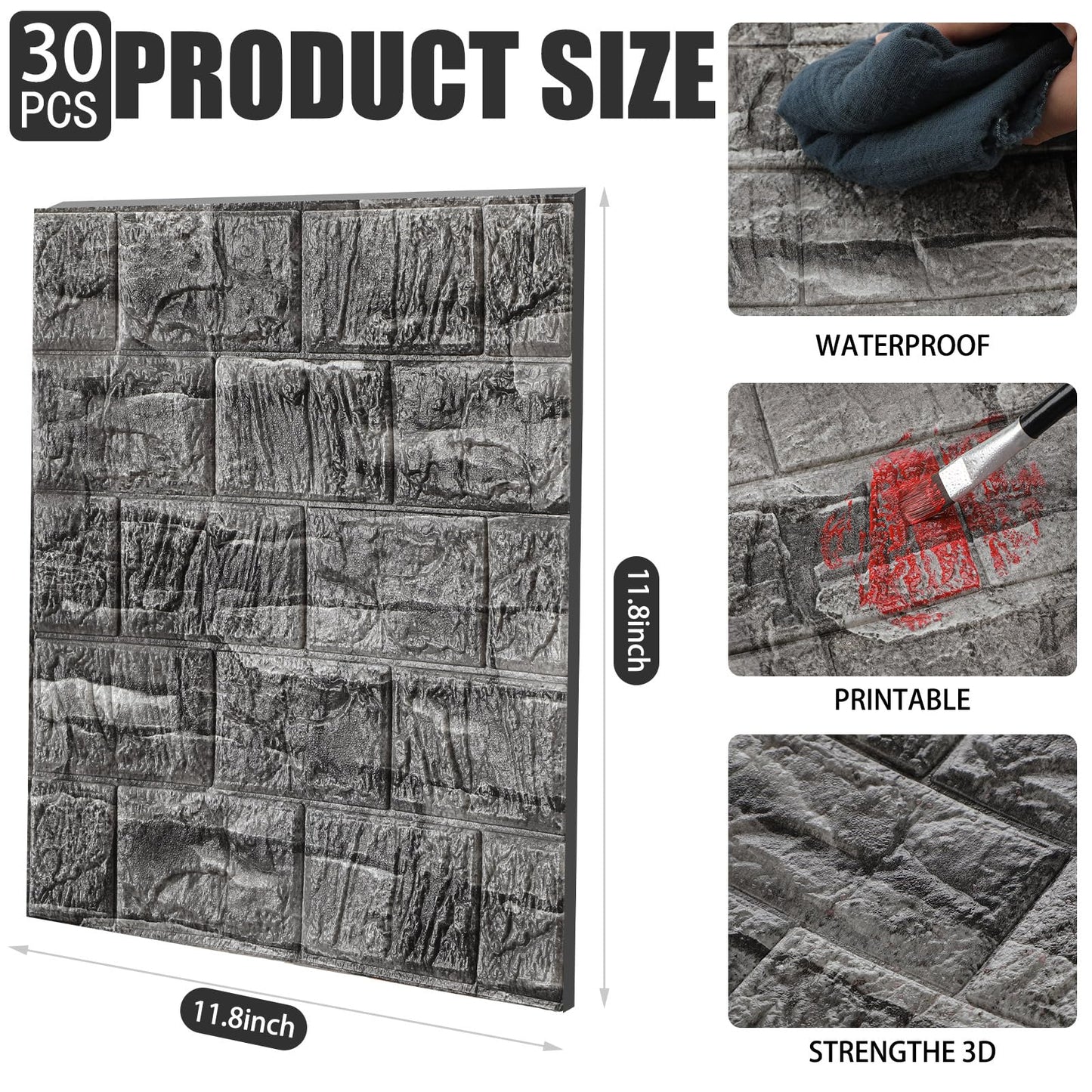 Tinlade 30 Pcs 28.81 Sq ft 3D Wall Panels Peel and Stick Foam Brick Wallpaper Printable Faux Brick Wall Panels Decorative Self Adhesive Tiles Waterproof(Rock Black)