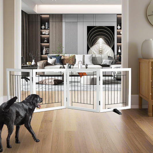 ZJSF Freestanding Dog Gate Indoor, Foldable Dog Fence for Doorways,Hallways or Stairs, Sturdy Wood Extra Wide Pet Gate with Support Feet,White,24 "Height-4 Panels