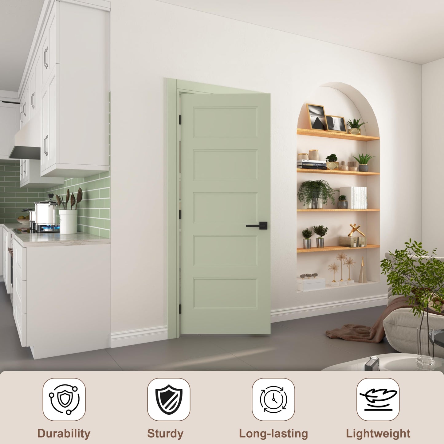 JUBEST 36"x80" Right-Hand Prehung Interior Door with Knock Down Jamb Kit & Matte Black Hinges, 5-Panel White Primed Hollow Core Molded Door Slab with Bore & Hinge Cutout, Durable & Sturdy, No Handle