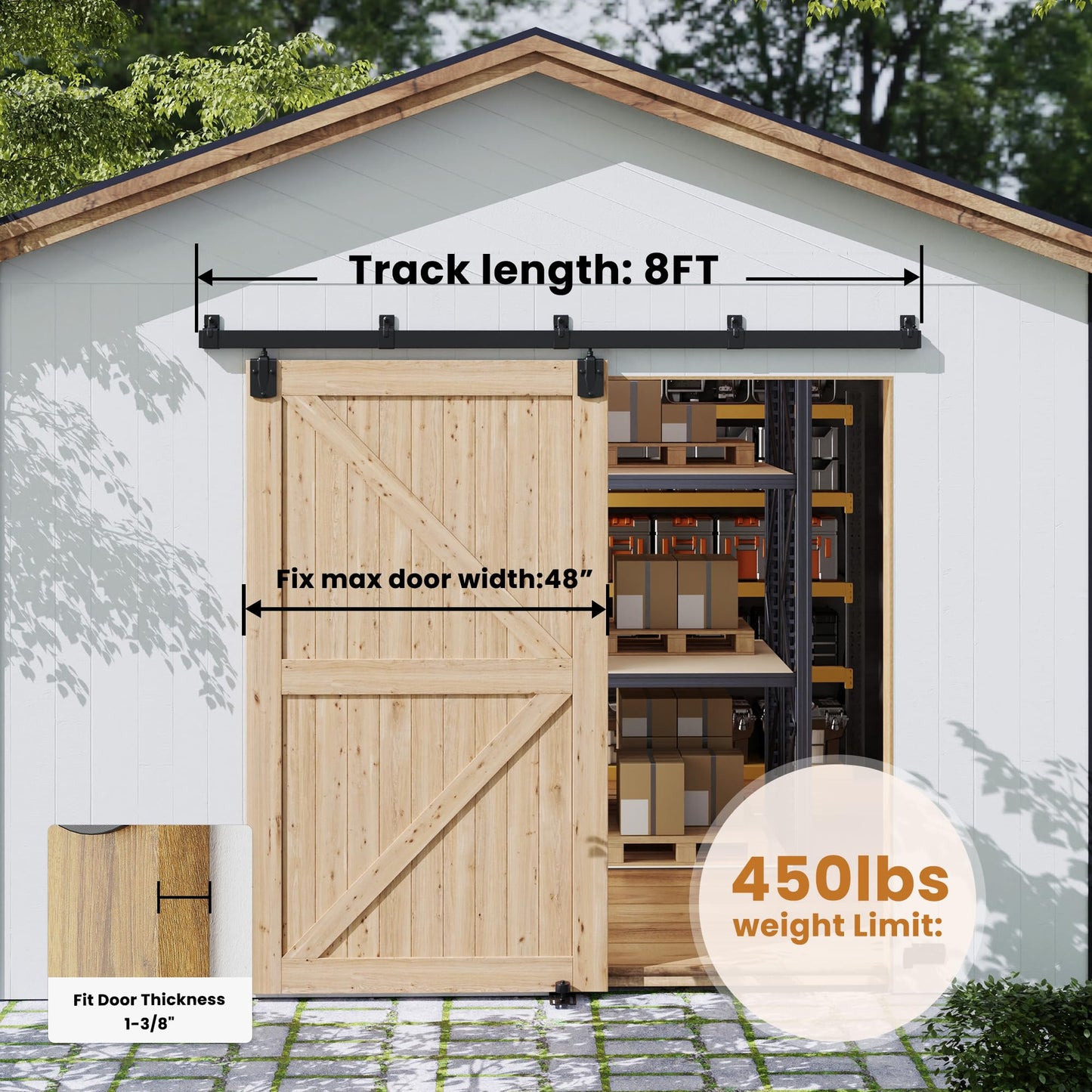 SmartStandard 8FT Exterior Sliding Barn Door Hardware Kit, Box Rail Barn Door Track Kit for Outdoor Use, 450lb Capacity Heavy Duty Wall Mount Kit, Fix Single 48" Door