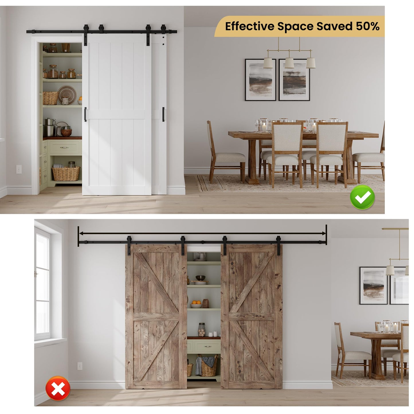 COSHOMER 28" x 84" Bypass Barn Door, Sliding Barn Door with 5FT Track Hardware Kit Included, H Shape Solid Core MDF Barn Doors, Waterproof PVC Surface, Save Space, Easy to Install, White