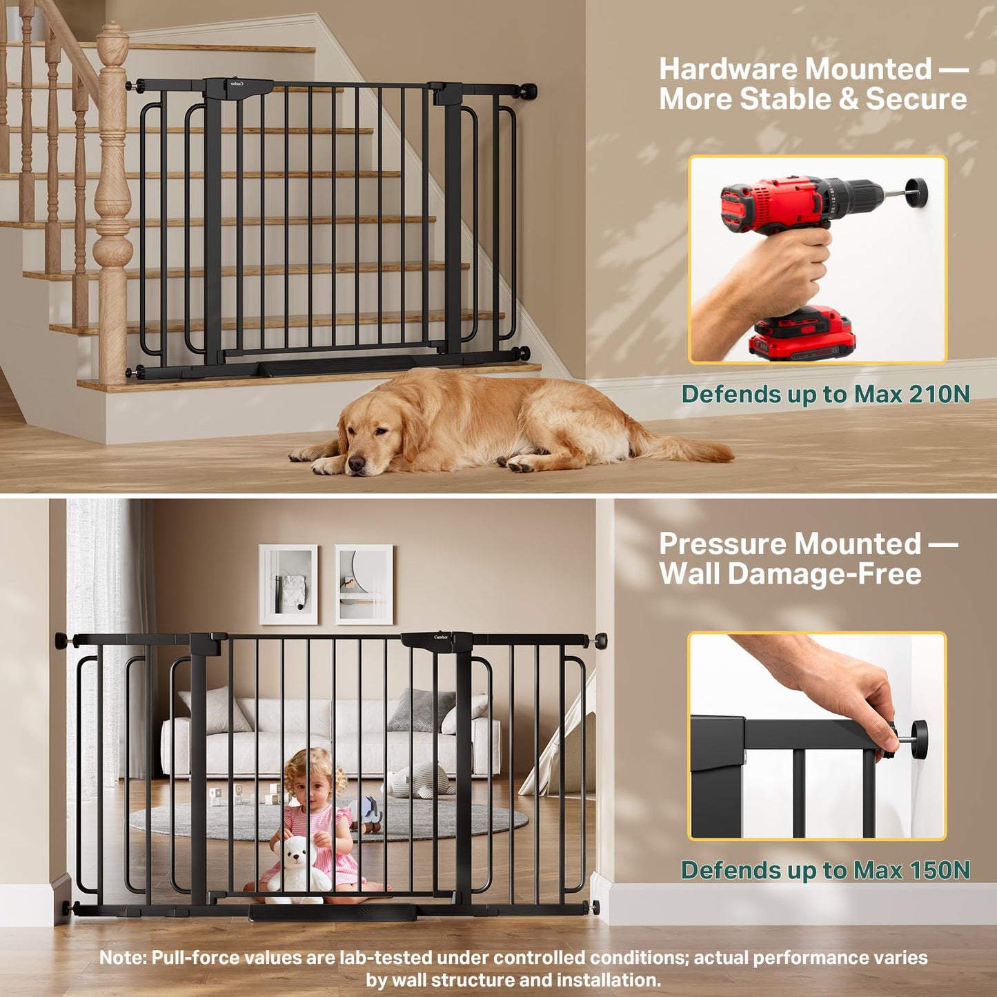 Cumbor 36.6-59" Extra Wide Baby Gate for Stairs, Pressure Mounted Dog Gate for Doorways, Auto-Close Easy Walk Through Safety Child Gate for Kids Toddler, Tall Pet Gates Indoor, Black
