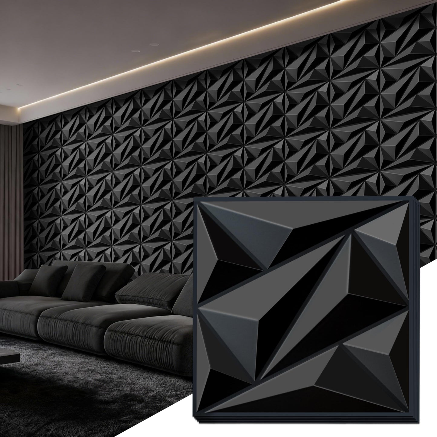 janasse 3D Wall Panel for Interior Wall Decor, PVC Wall Panels for Living Room Bedroom Game Room, Black Wall Panels for Lobby Hotel Office, 12''x12'' Cover 19.Sq.Ft.(20 Packs)