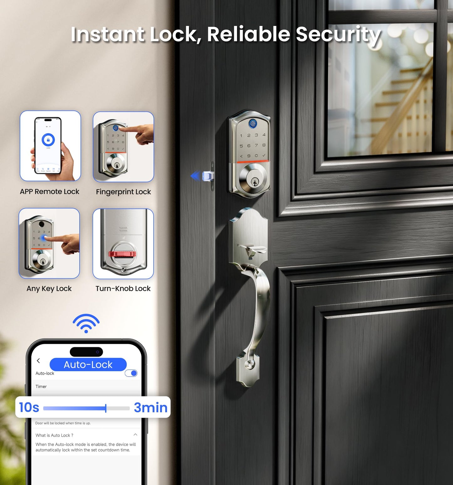Veise VE017G-H Wi-Fi Smart Fingerprint Front Door Lock Set, Remote App Control, Keyless Entry Deadbolt with Handle, Backlit Keypad, IP55 Weatherproof, Auto Lock, Easy to Install, Satin Nickel