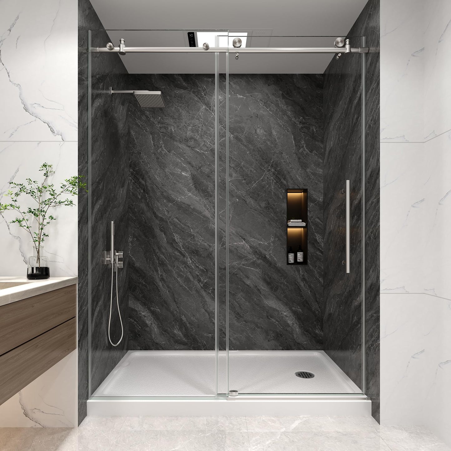 KPUY Frameless Shower Door, 43-48" W x 76" H Sliding Glass Shower Door, 1/4" (6mm) Thick Tempered Clear Glass with Explosion-Proof Film Nano Coating, Stainless Steel Hardware, Brushed Nickel