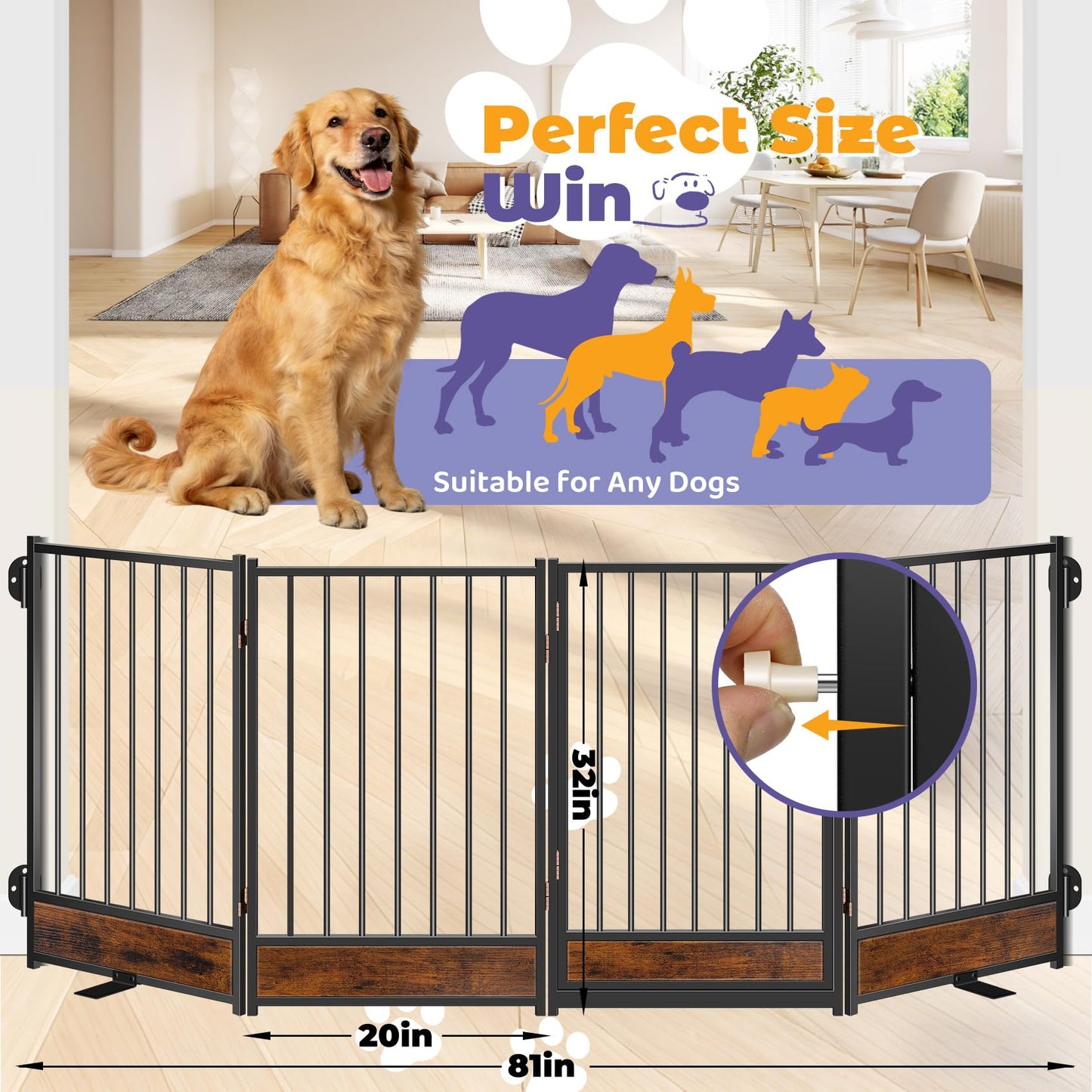 Freestanding Dog Gates with Door Metal Wood for Outdoor Indoor, 81'' Extra Wide 32'' Tall 4 Panels Free Standing Pet Gate for Doorways, Large Openings, Deck,Yard, Foldable Safety Dog Fence, Black