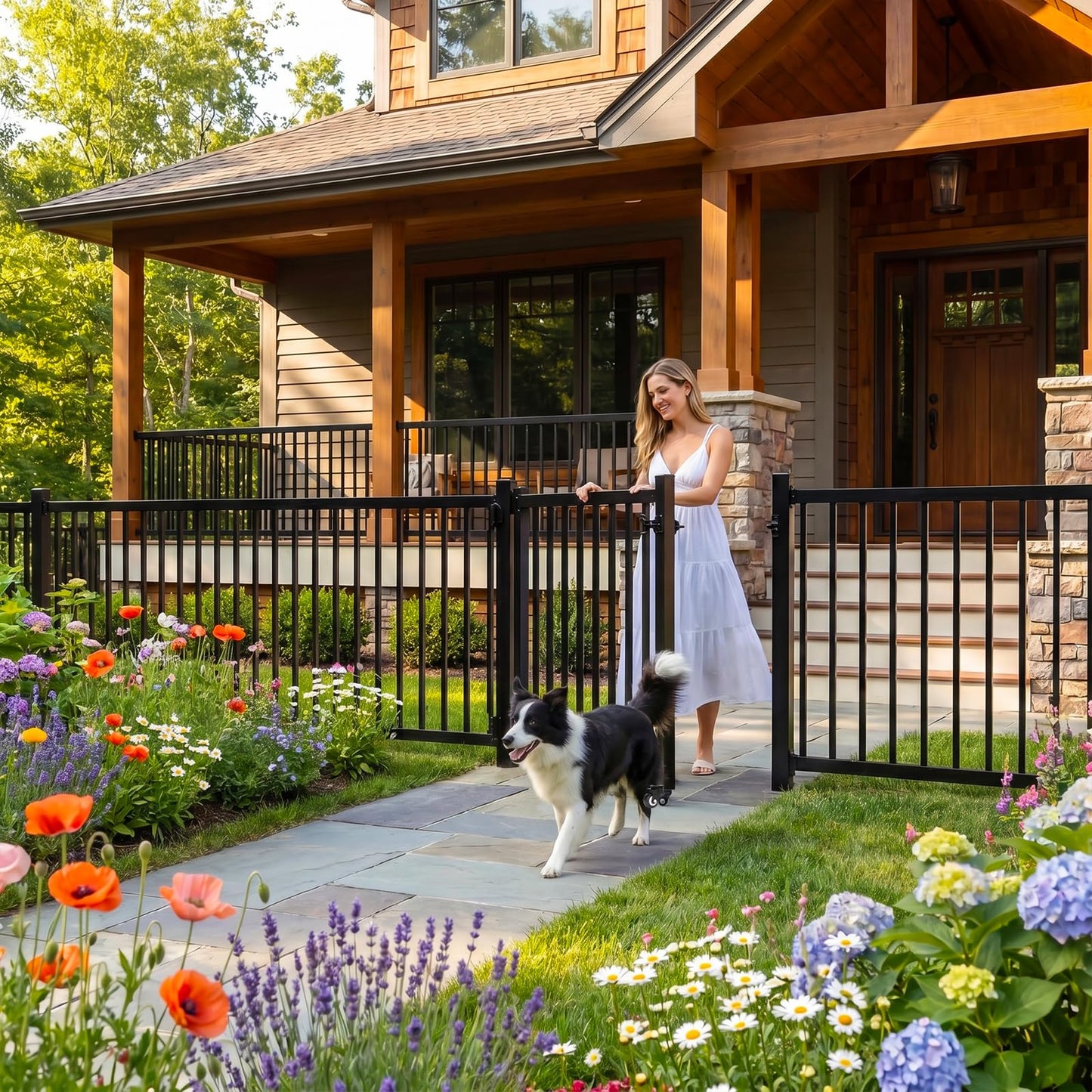 Deck Gate with Wheels, 36 x 45 Inches Auto-Closing Outdoor Railing Gate Fence Gate for H Railing, 1" Round Pipe with Latch,Cuttable Lockable for Outdoor Deck Patio