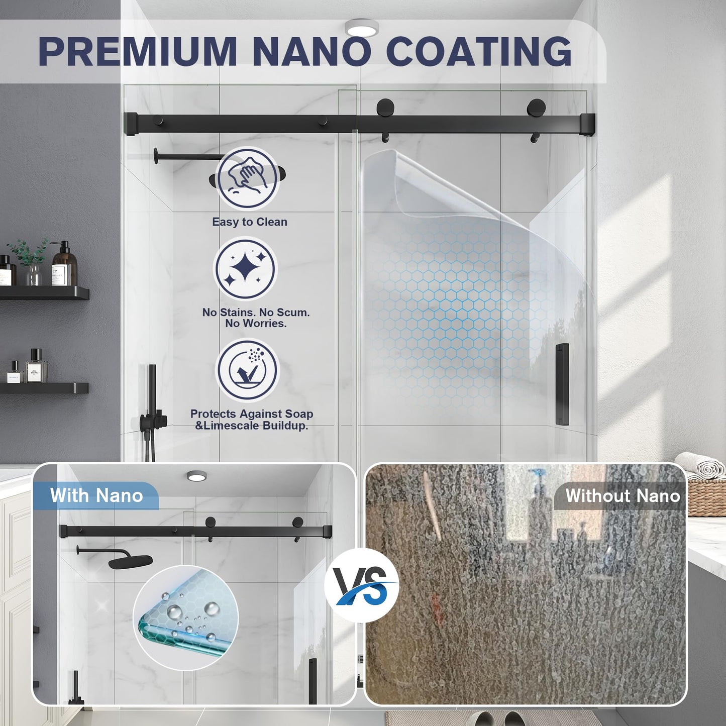 EASYWORC Frameless Shower Door, 43-48" W x 76" H Sliding Glass Shower Door, 1/4''(6mm SGCC Tempered Glass with Explosion-Proof Film Nano Coating in Matte Black Finish