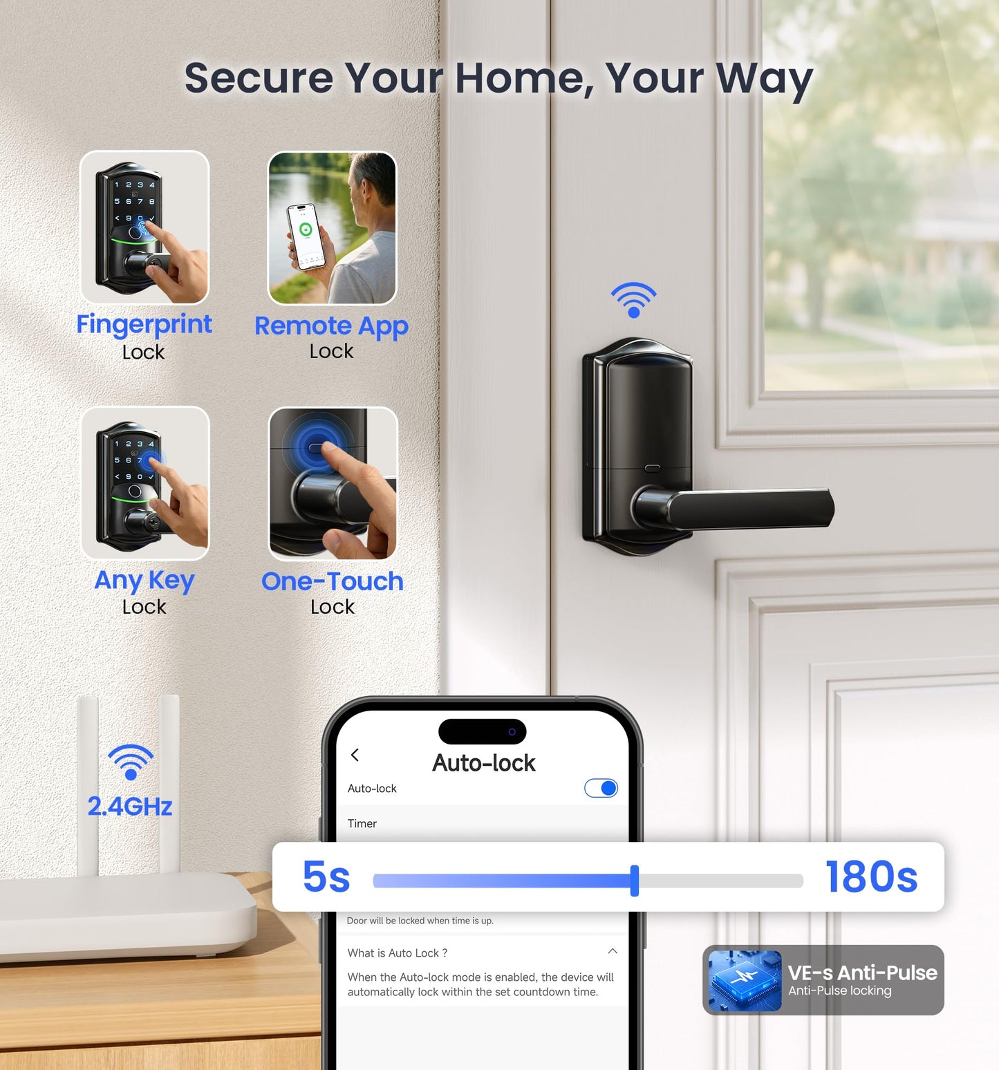 Veise VE029 WiFi Smart Lever Lock, Fingerprint Keyless Entry Door Lock with Handle, Built-in WiFi, Remote App Control, Electronic Digital Knob for Front Door and Bedroom, IP65 Waterproof, Matte Black