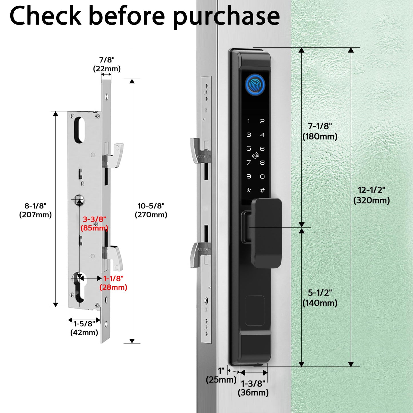 Slim Sliding Glass Door Lock 2885 Latch eLinkSmart Waterproof Keyless Mortise Smart Lock with Hook for Door Thickness 22~110mm, Aluminum Keypad Fingerprint for Patio Door Tuya App