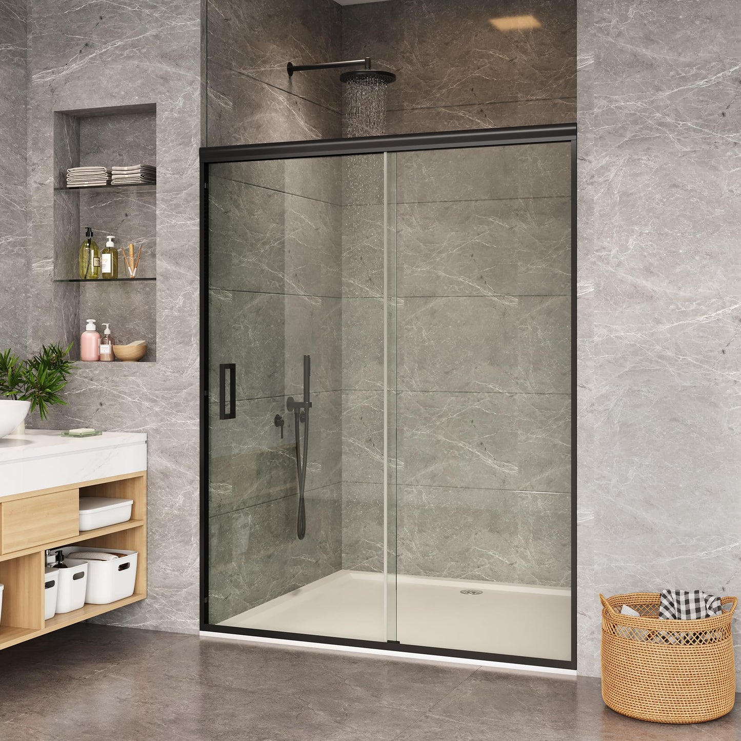 Sliding Shower Door, 44-48" Width x 72" Height, Bypass Single Sliding Design, 6mm (1/4") SGCC Tempered Glass, Brushed Nickel Finish with Matte Black Aluminum Alloy Track