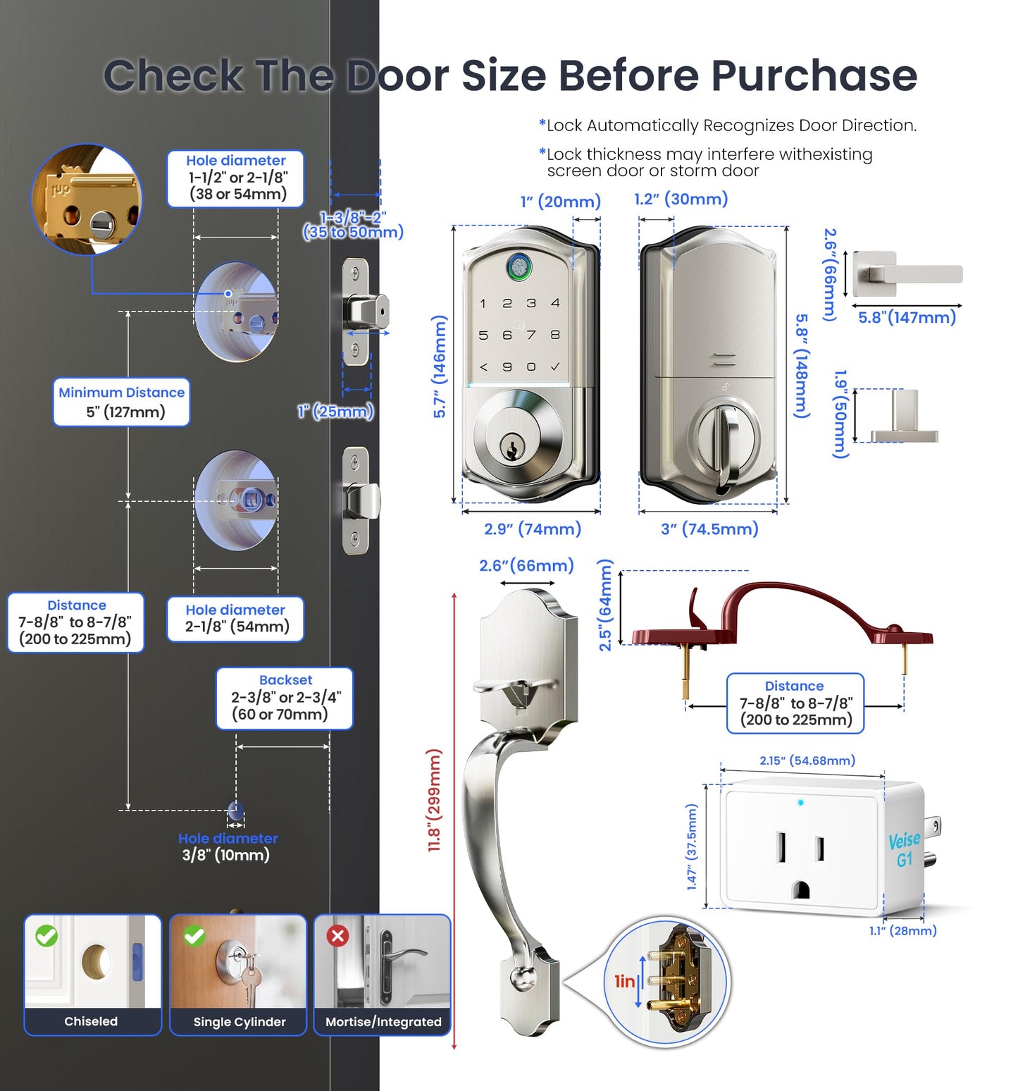 Veise VE017G-H Wi-Fi Smart Fingerprint Front Door Lock Set, Remote App Control, Keyless Entry Deadbolt with Handle, Backlit Keypad, IP55 Weatherproof, Auto Lock, Easy to Install, Satin Nickel