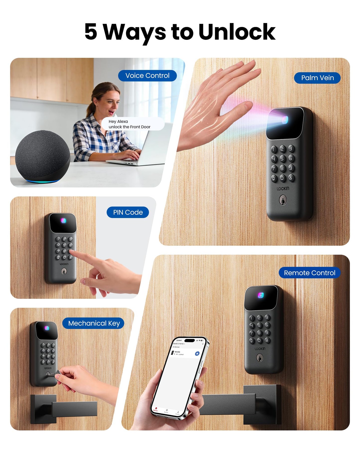 Lockin Veno Go Palm Vein Smart Lock with Built-in Wi-Fi & Matter, Keyless Entry Smart Deadbolt Door Lock, 5 Unlock Methods, ANSI Grade 3 Security, 7-Month Rechargeable Battery, IP53 Waterproof