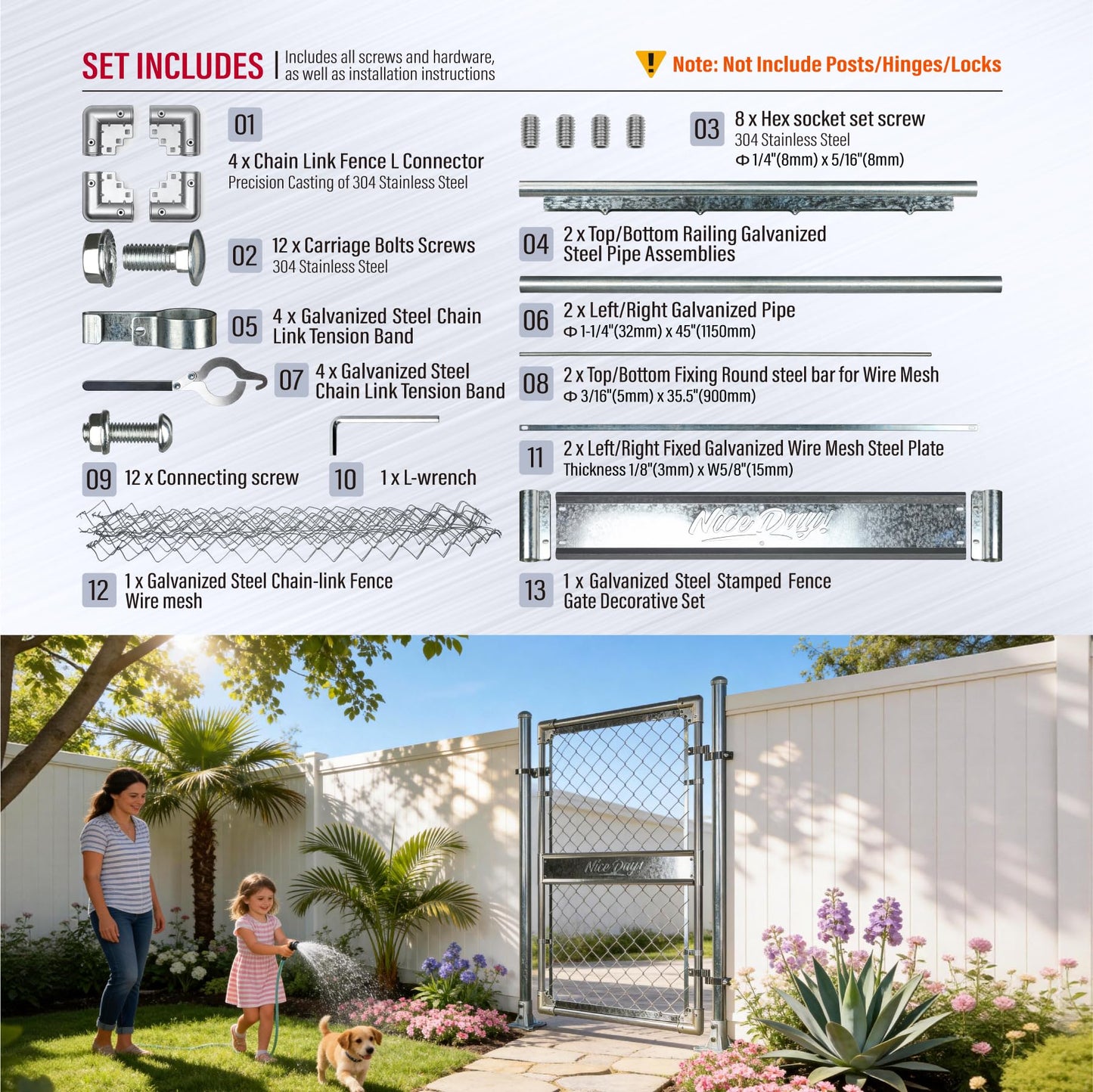DooToo 4x4FT(43.3"W x 47.2"H) Heavy Duty Galvanized Steel Chain Link Gate, Durable Outdoor Fence Gate Easy Installation for Backyard丨Garden丨Pet Yard
