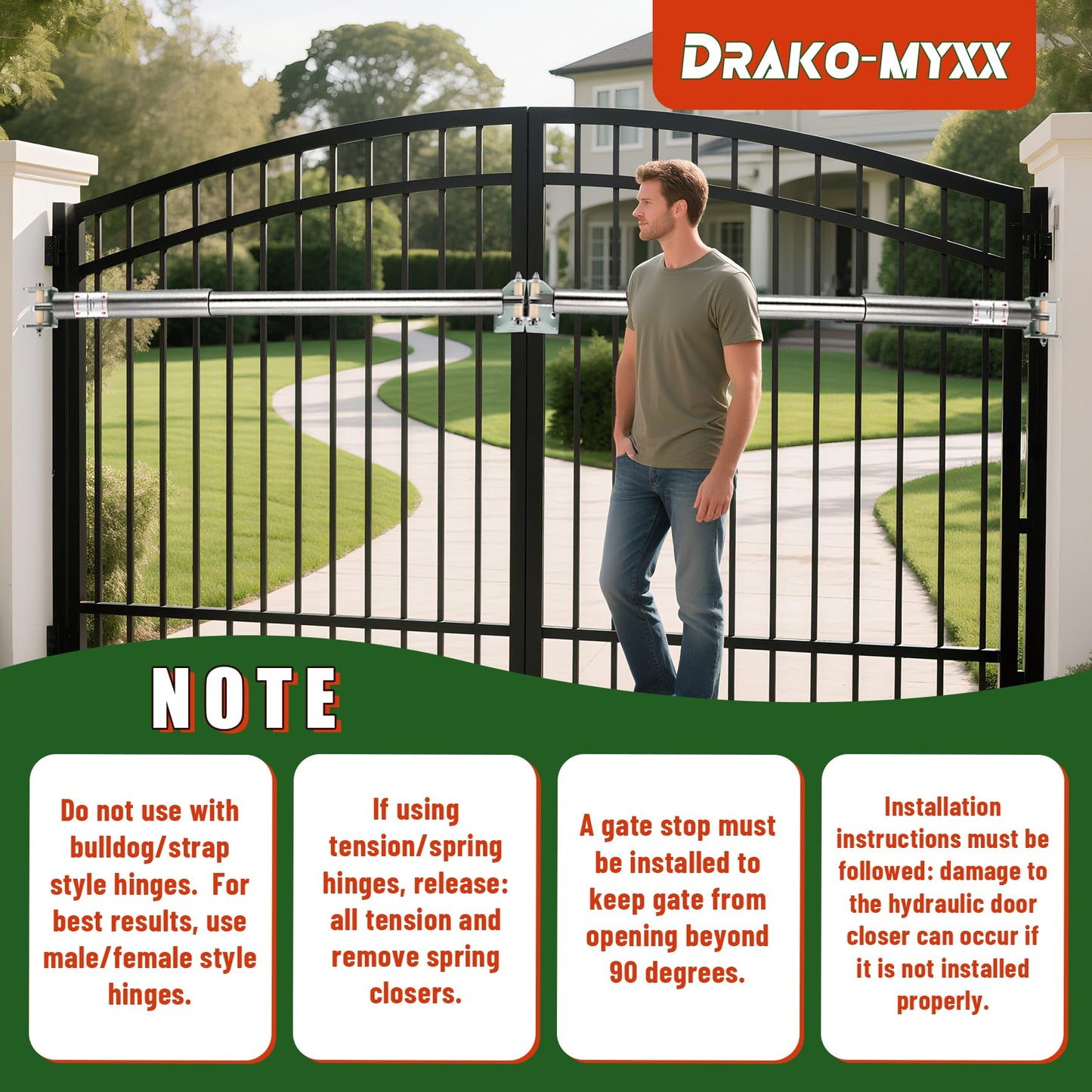 Upgraded TB200SS Stainless Steel Hydraulic Gate Closer Set, Heavy-Duty Weatherproof Outdoor Design, Fits 60–140 Lbs, 40–64 Inches Gate Width, for Farm, Ranch, Fence, Warehouse, Stadium