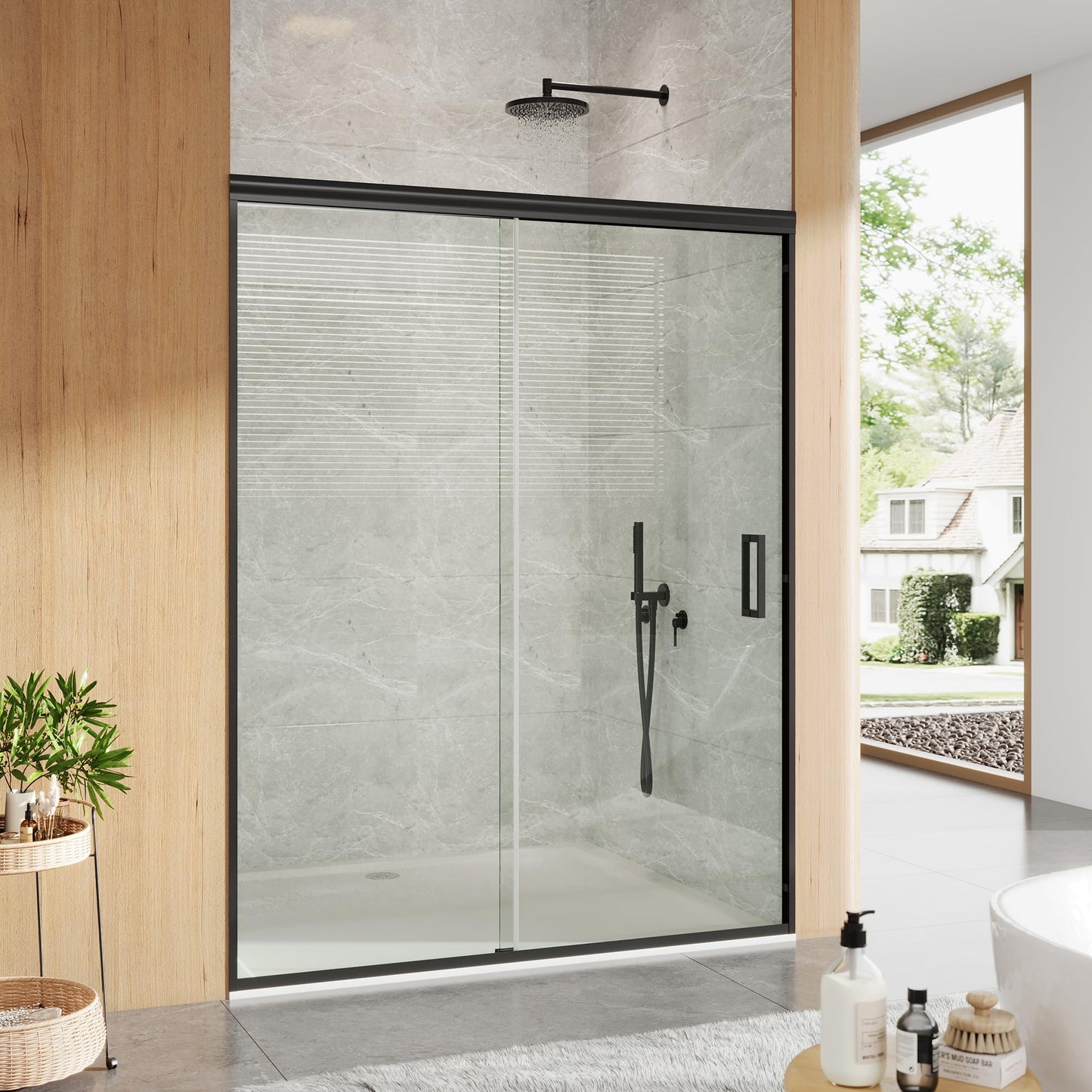 Sliding Shower Door, 44-48" Width x 72" Height, Bypass Single Sliding Design, 6mm (1/4") SGCC Tempered Glass, Brushed Nickel Finish with Matte Black Aluminum Alloy Track