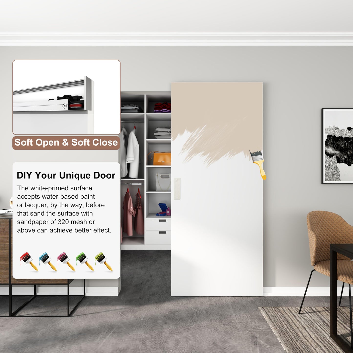 JUBEST 30"x84" Flush Solid Core White Primed Concealed Sliding Hidden Barn Door with Soft Close Installation Hardware and Double Sided Pulls Included