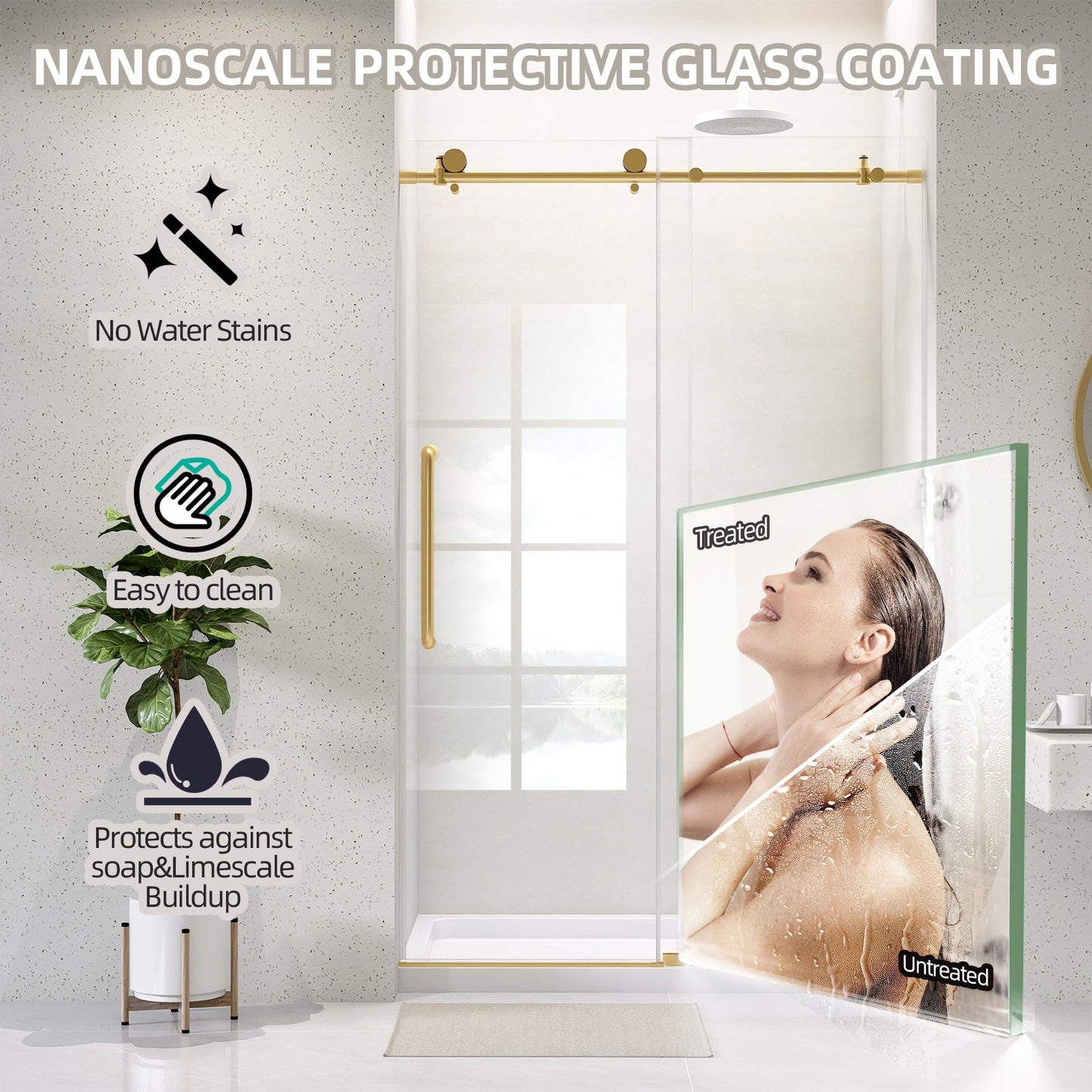 OGONBRICK Frameless Glass Shower Door 44-48’’ W x 75’’ H, Single Sliding Shower Door, ANSI Tempered Clear Glass with Nano Coating, Brushed Gold, Stainless Steel Hardware, Low Threshold, Quiet Rollers