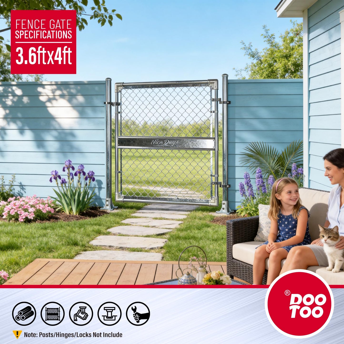 DooToo 4x4FT(43.3"W x 47.2"H) Heavy Duty Galvanized Steel Chain Link Gate, Durable Outdoor Fence Gate Easy Installation for Backyard丨Garden丨Pet Yard