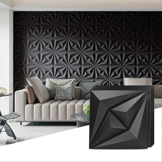 AMZDEPOT 50 Pack 3D Wall Panels for Interior Wall Decor, 3 Layout Options PVC Textured Wall Art Decor for Living Room Bedroom TV Background Gaming Room, 12''x12'', Black