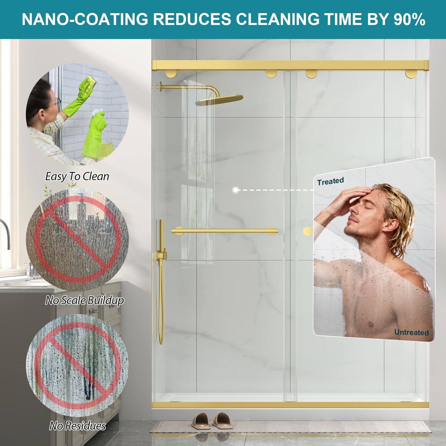 Frameless Shower Door with Soft-Close & Anti-Leak,5/16" (8mm) Double Sliding Shower Door,Nano Coating Anti-Explosion Film SGCC Tempered Glass 43"- 48" W x 76" H,Brushed Gold