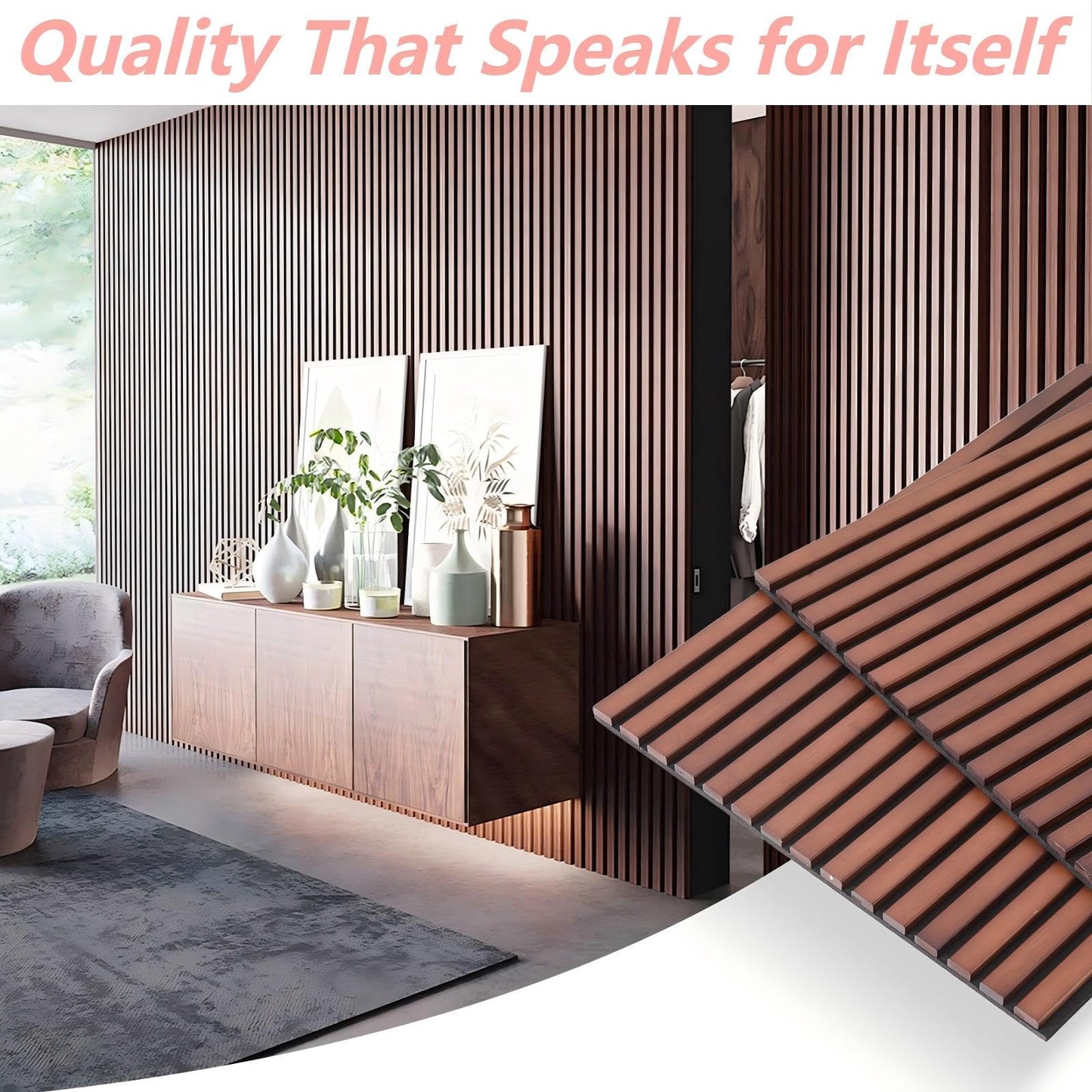 NAVREX 2 Solid Wood Slat Acoustic Panels for Wall and Ceiling - 3D Fire Resistant Fluted Sound Absorbing Acoustic Wall Panel in Walnut Finish for Living Room, Home Theater, Office & Bedroom Decoration, Value Lies in Material (31.5 * 23.6)