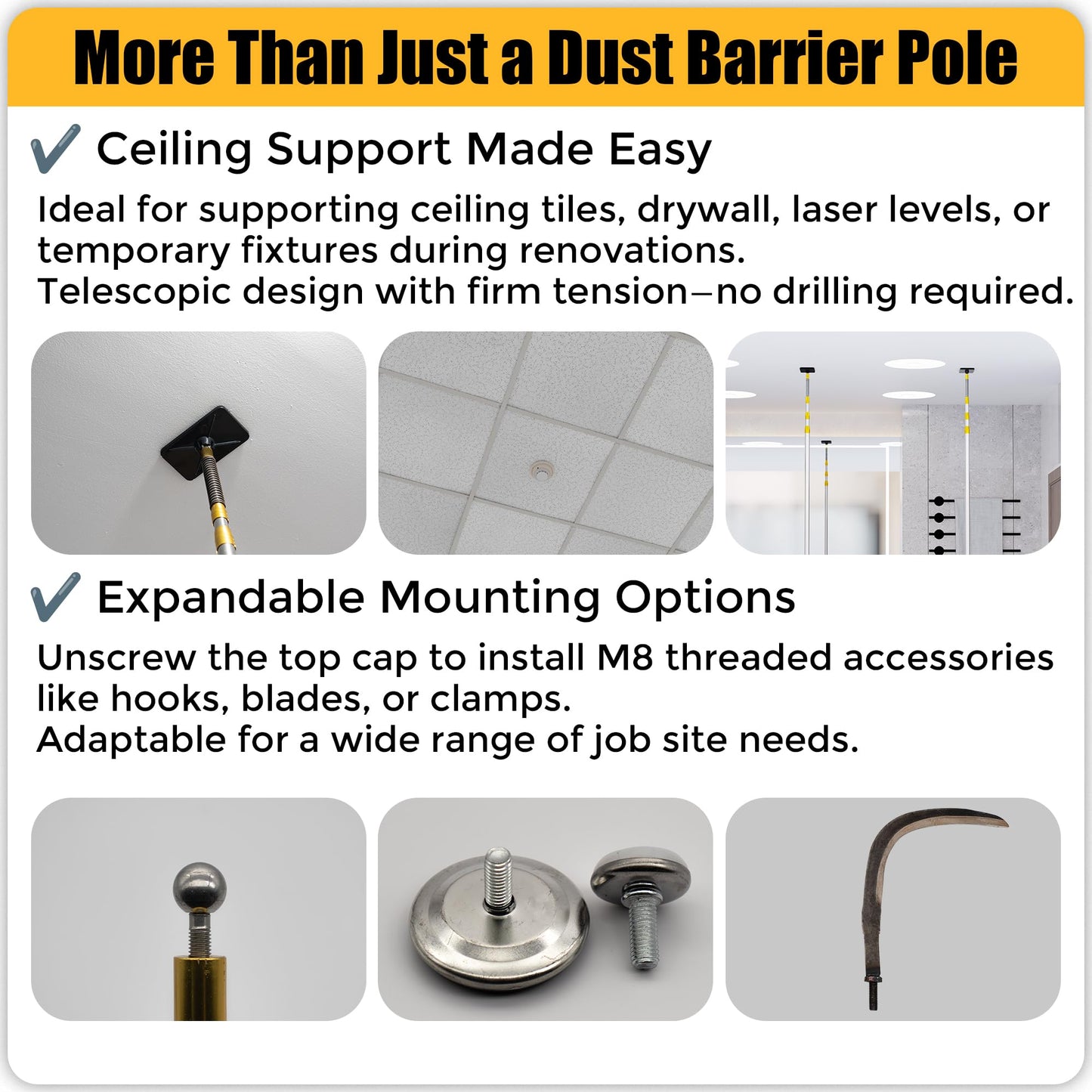 MAYOKEN® 13 16FT Dust Barrier Poles (4 Pack), Spring-Top Telescoping Poles for Construction & Renovation – Dust Containment System with Plastic Sheeting,2 self-Adhesive Zipper & Carry Bag