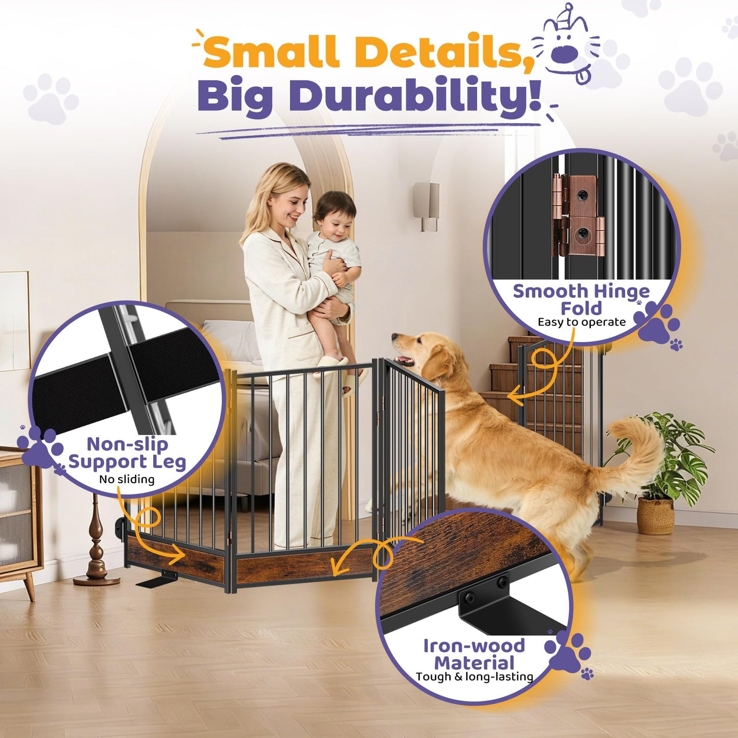 Freestanding Dog Gates with Door Metal Wood for Outdoor Indoor, 81'' Extra Wide 32'' Tall 4 Panels Free Standing Pet Gate for Doorways, Large Openings, Deck,Yard, Foldable Safety Dog Fence, Black