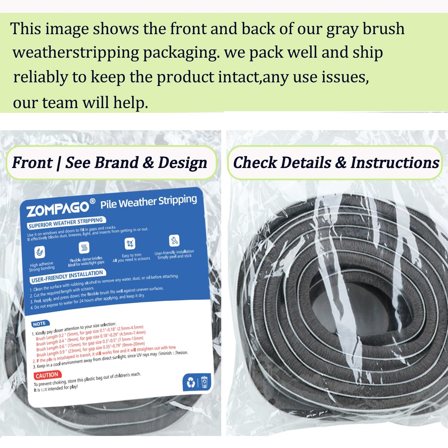 ZOMPAGO Strong Adhesive Brush Weather Stripping 0.9in (T）x 0.4in (W) x 33FT, Grey, Door Seal for Sliding Windows & Doors, Soundproof Noise Blocker, Draft Stopper for Garage Door Frame & Exterior Doors