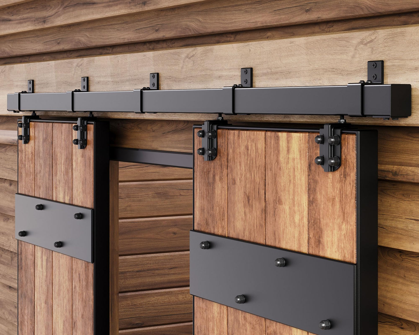Easelife 10FT Exterior Sliding Barn Door Hardware Kit, Box Rail Track, 450lb Capacity, Black Weather-Resistant Steel, Wall Mount System for Outdoor Use, Fit Double 30in Door