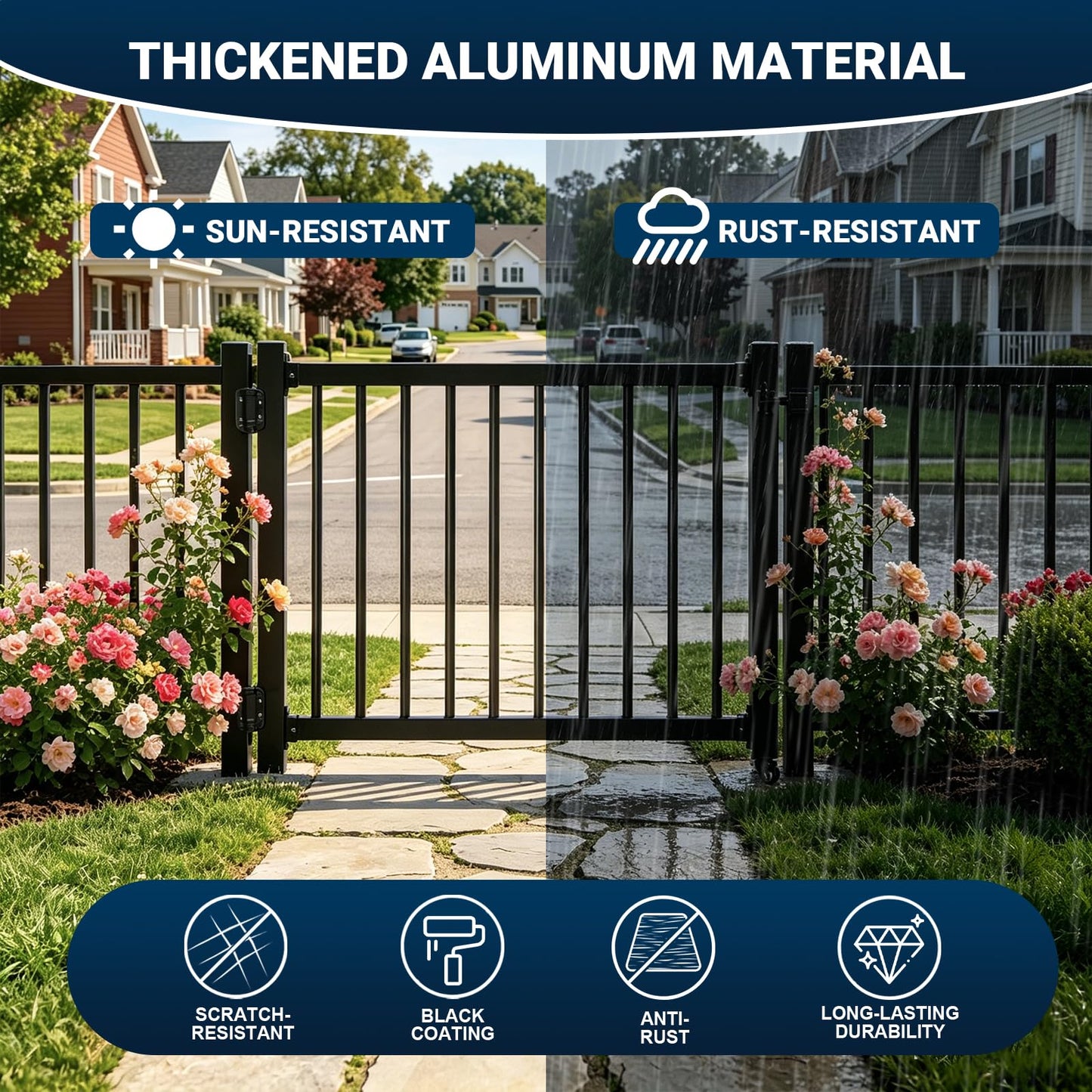 Deck Gate with Wheels, 36 x 45 Inches Auto-Closing Outdoor Railing Gate Fence Gate for H Railing, 1" Round Pipe with Latch,Cuttable Lockable for Outdoor Deck Patio