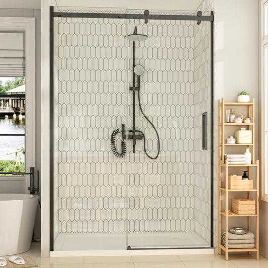 Hasipu Frameless Shower Door,Double Sliding Stainless Steel Hardware 44-48" W x 76" H - Shower Glass Door with 5/16"（8mm） Inch Clear Tempered Glass,Black
