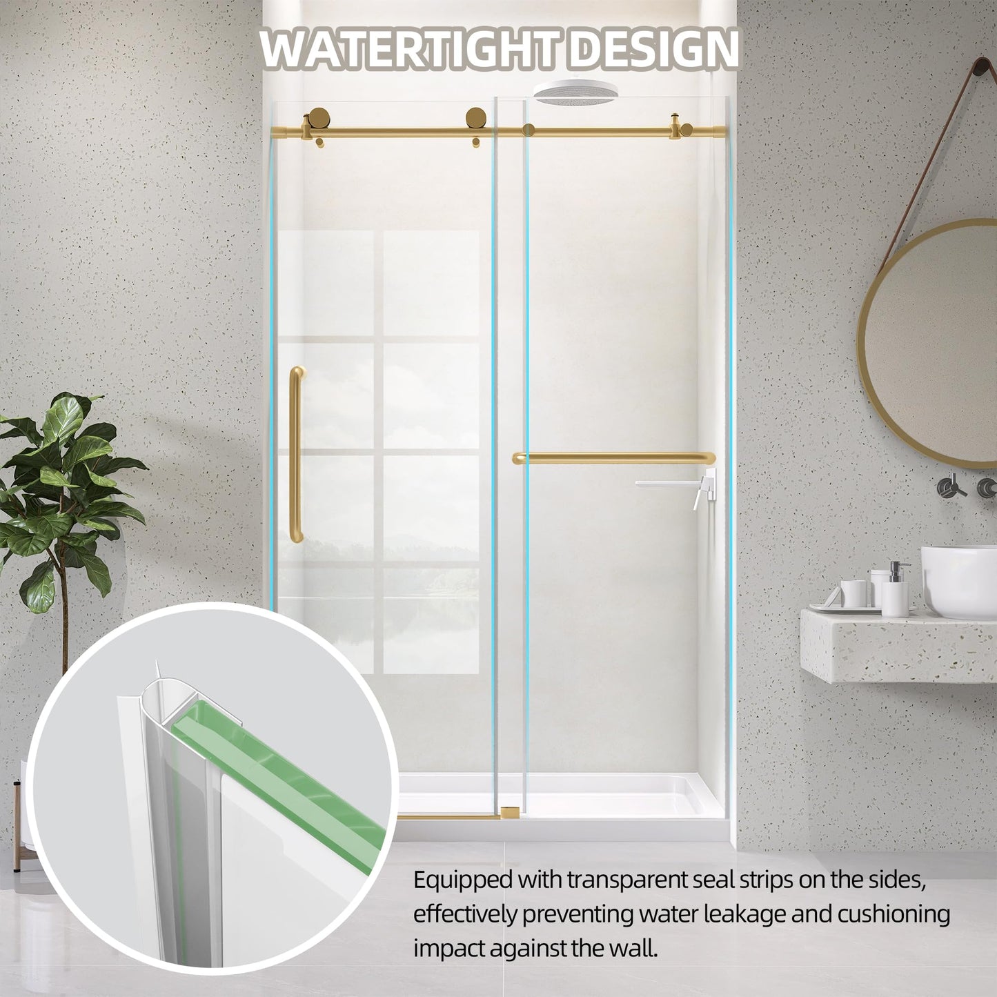 OGONBRICK Frameless Glass Shower Door 44-48’’ W x 75’’ H, Single Sliding Shower Door, ANSI Tempered Clear Glass with Nano Coating, Brushed Gold, Stainless Steel Hardware, Low Threshold, Quiet Rollers