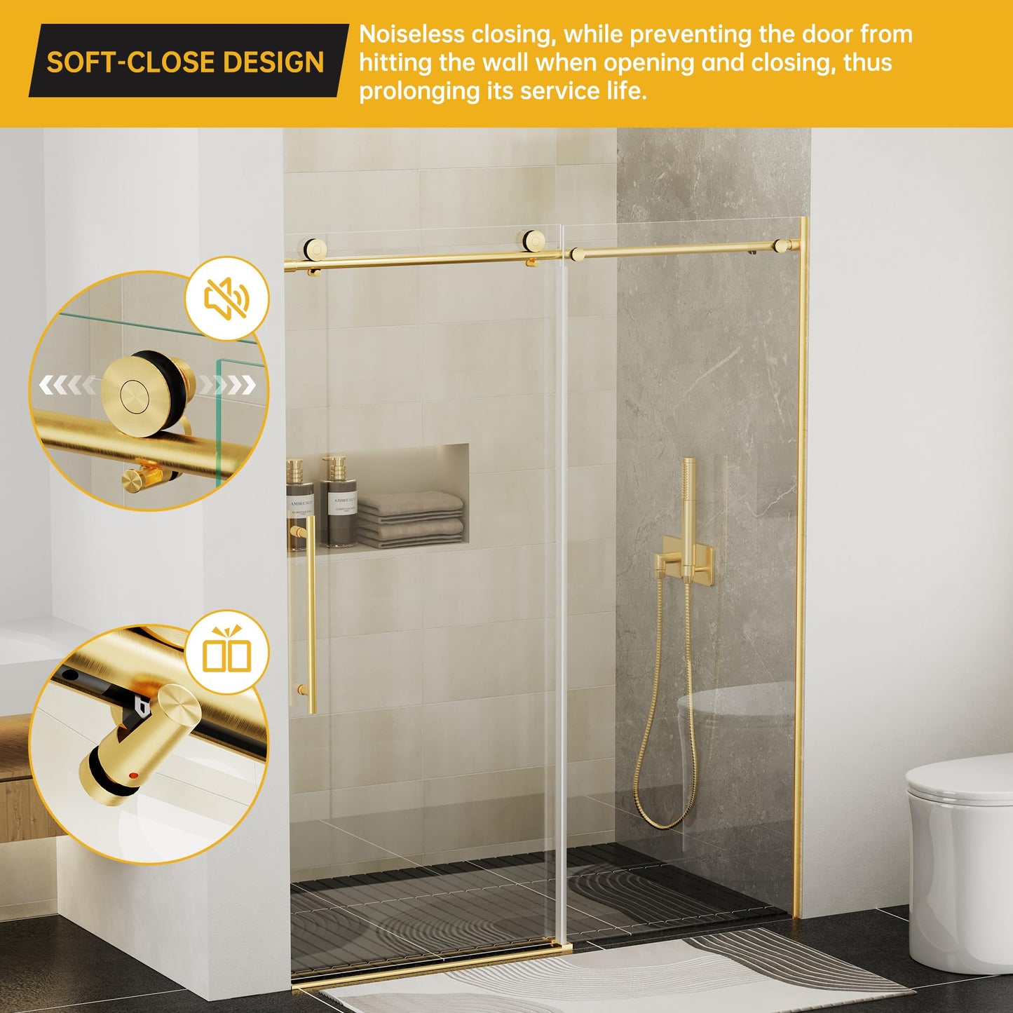 Findepot Frameless Sliding Shower Door 56-60 in W x 75 in H,Frameless Shower Door with 5/16" (8mm) Clear Tempered Glass,Silent Soft-Close Design,Brushed Gold